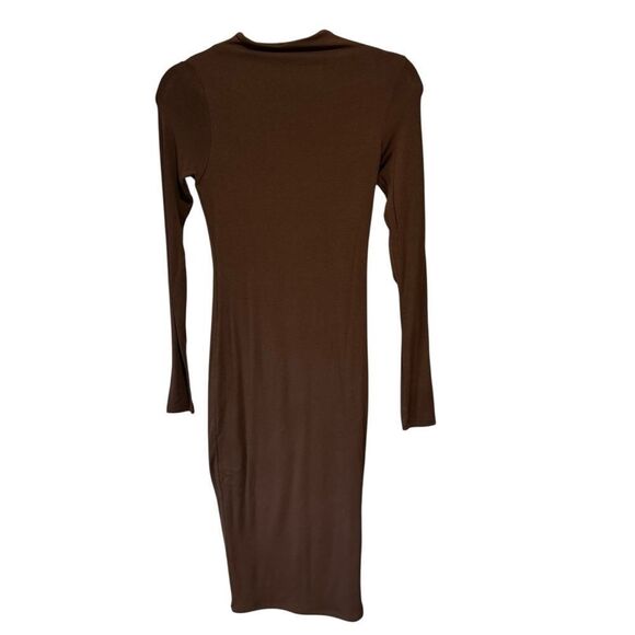 Naked Wardrobe Chocolate Brown Sculpt Mock Neck Long Sleeve Midi Bodycon Dress - Picture 3 of 5